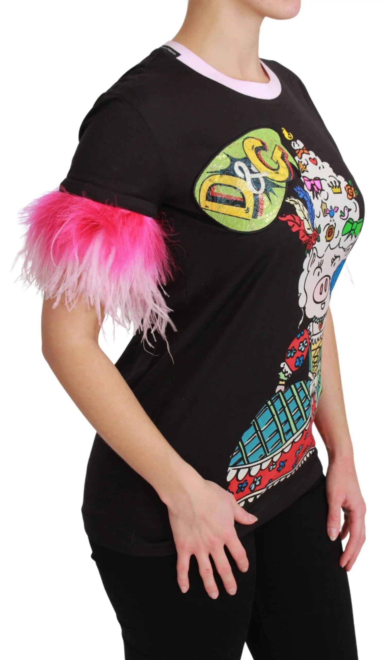 Black cotton T-shirt with colorful pig graphic and pink feathered short sleeves.