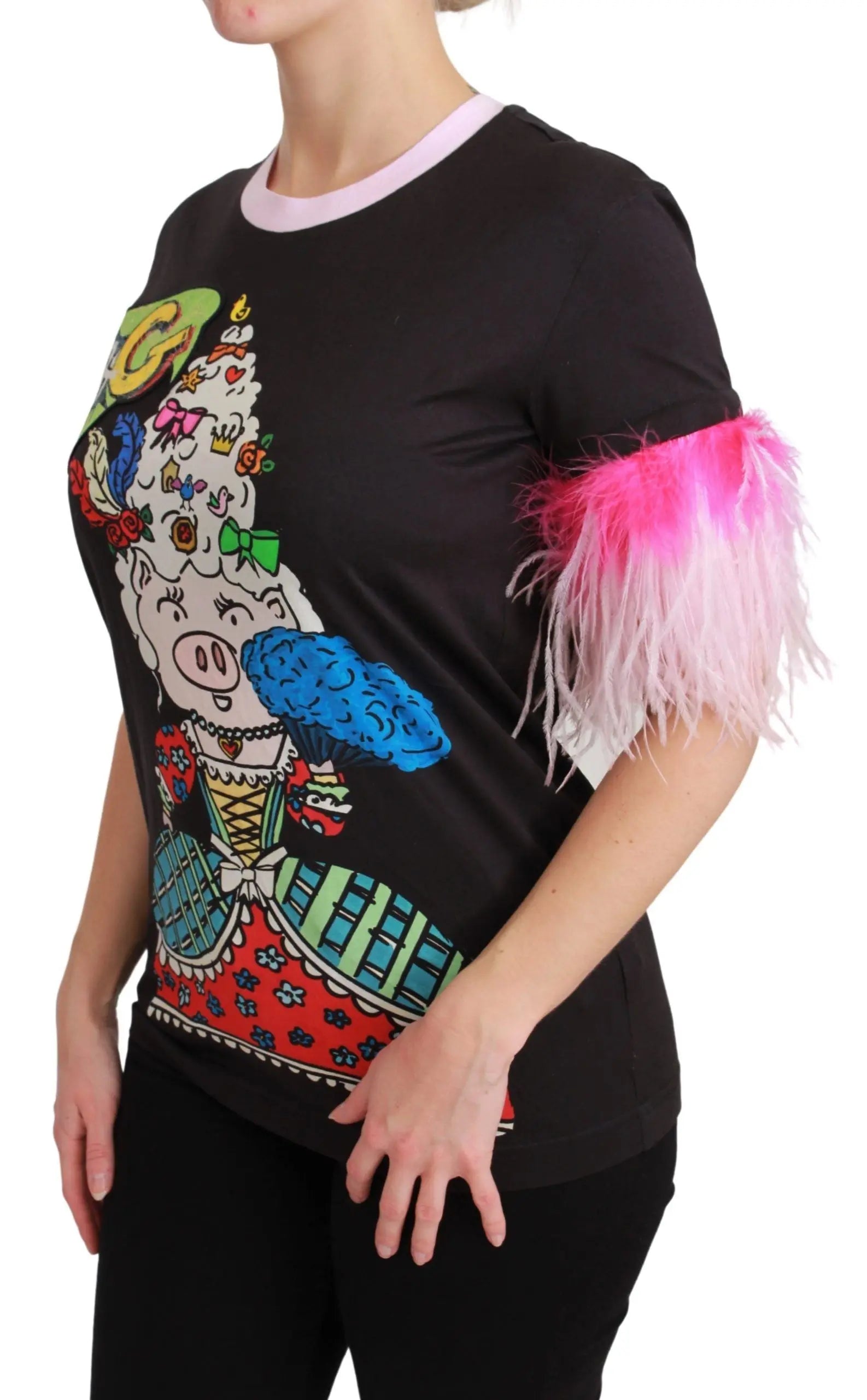 Black cotton T-shirt with colorful pig graphic and pink feathered short sleeves.