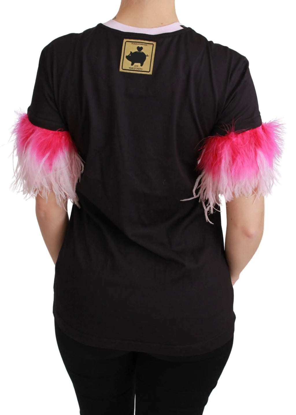 Black cotton T-shirt with colorful pig graphic and pink feathered short sleeves.