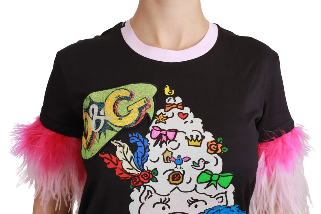 Black cotton T-shirt with colorful pig graphic and pink feathered short sleeves.