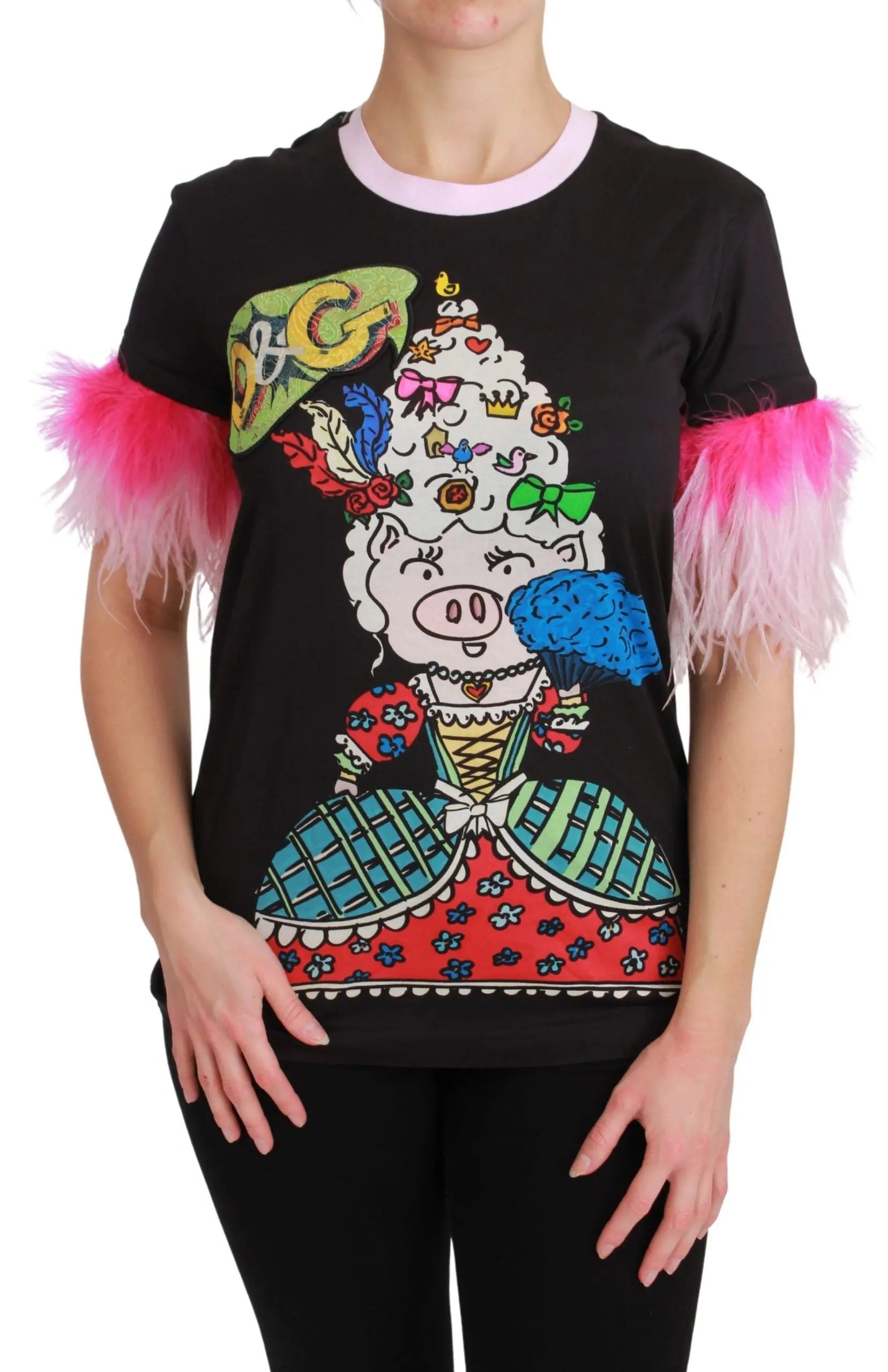 Black cotton T-shirt with colorful pig graphic and pink feathered short sleeves.