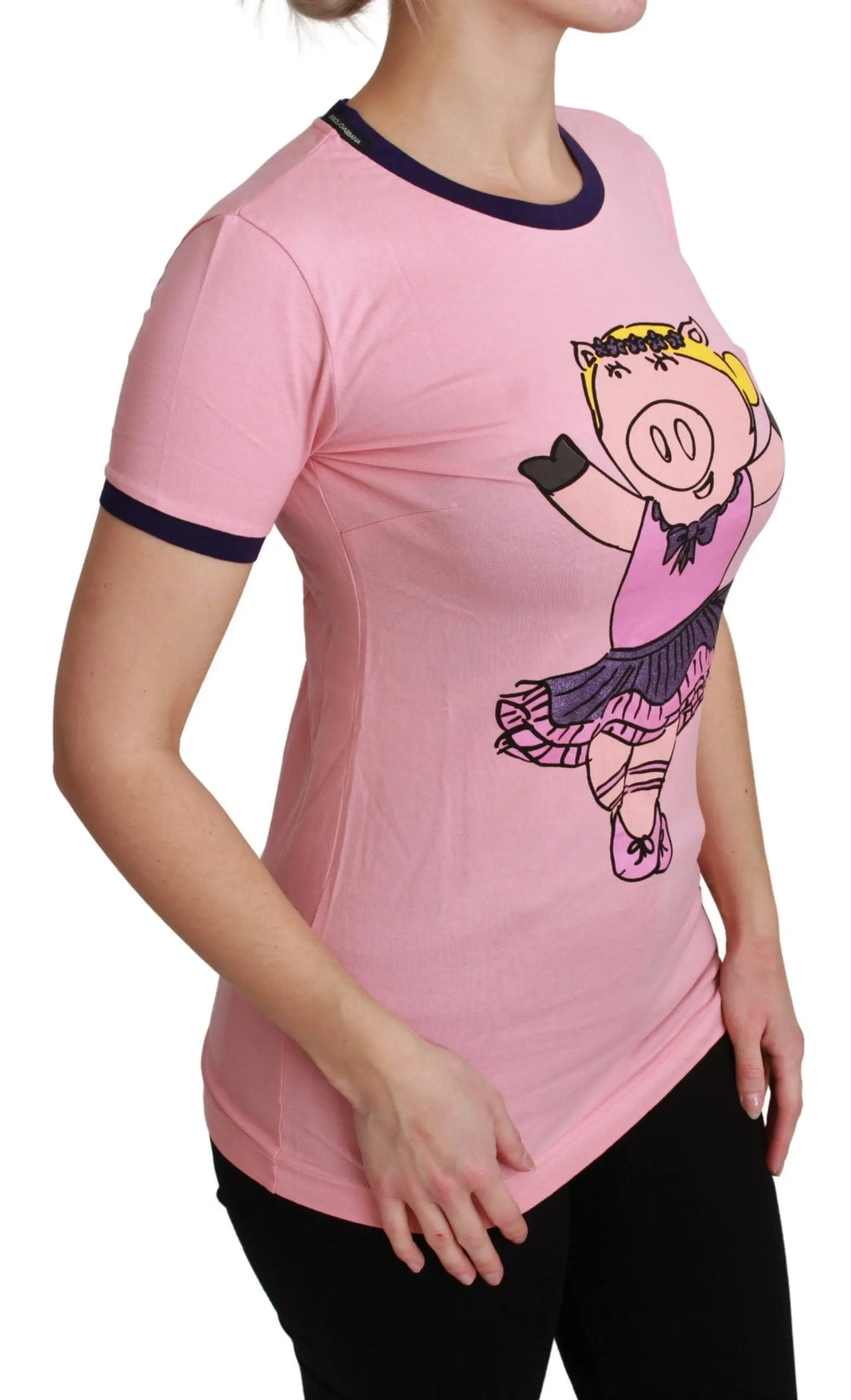 Pink cotton T-shirt with black trim and cartoon ballerina pig graphic on front.