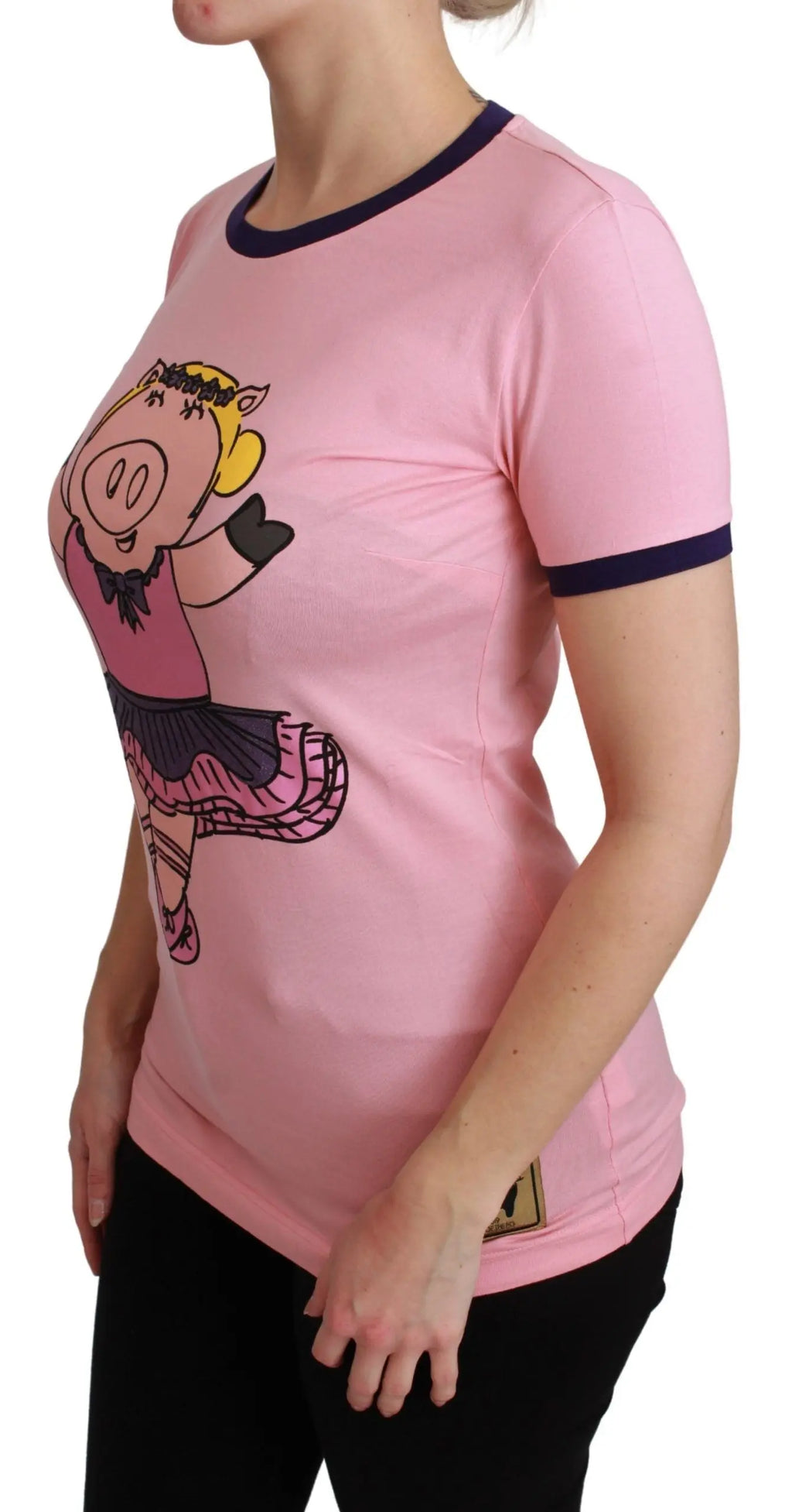 Pink cotton T-shirt with black trim and cartoon ballerina pig graphic on front.