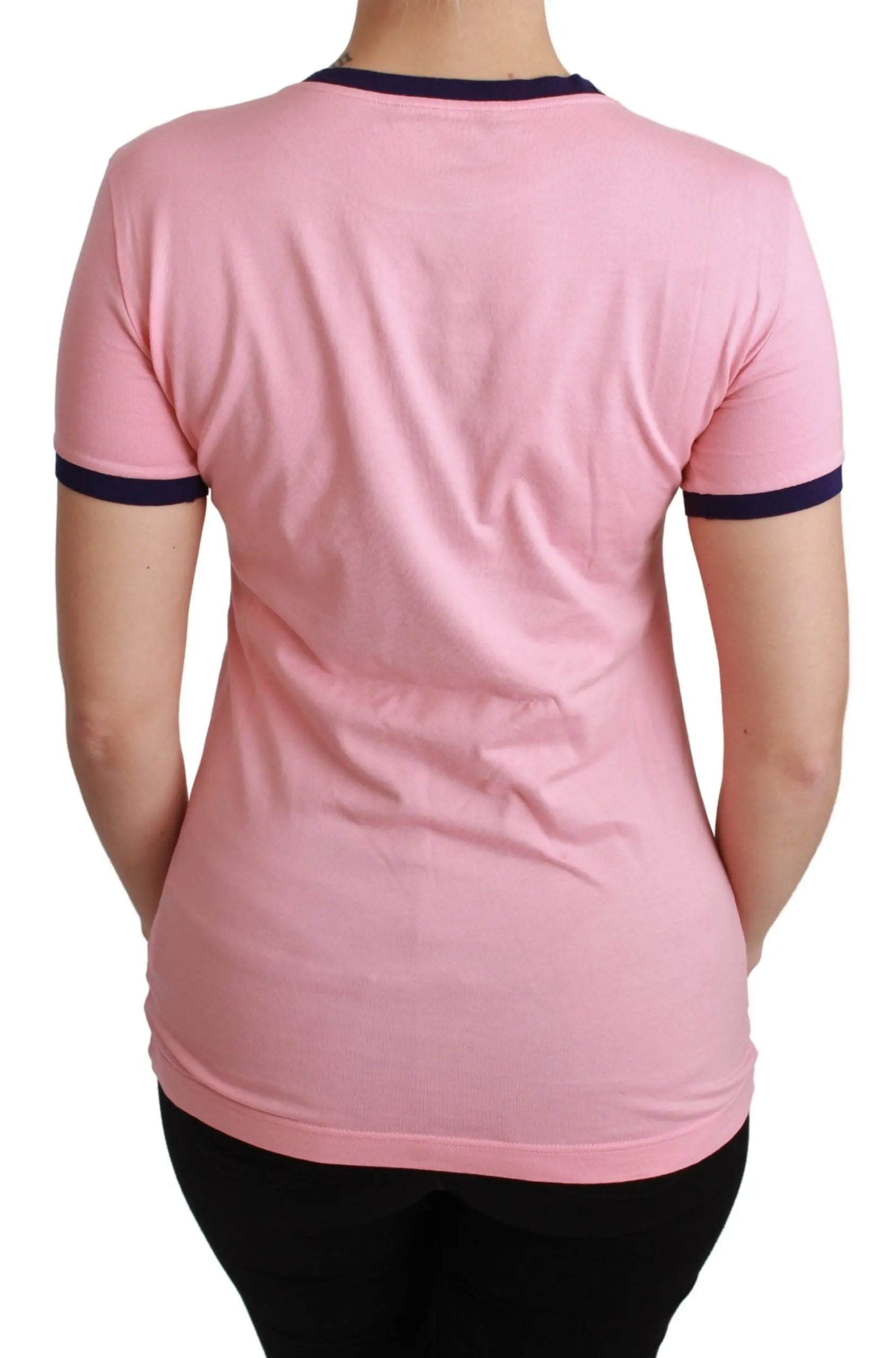 Pink cotton T-shirt with black trim and cartoon ballerina pig graphic on front.