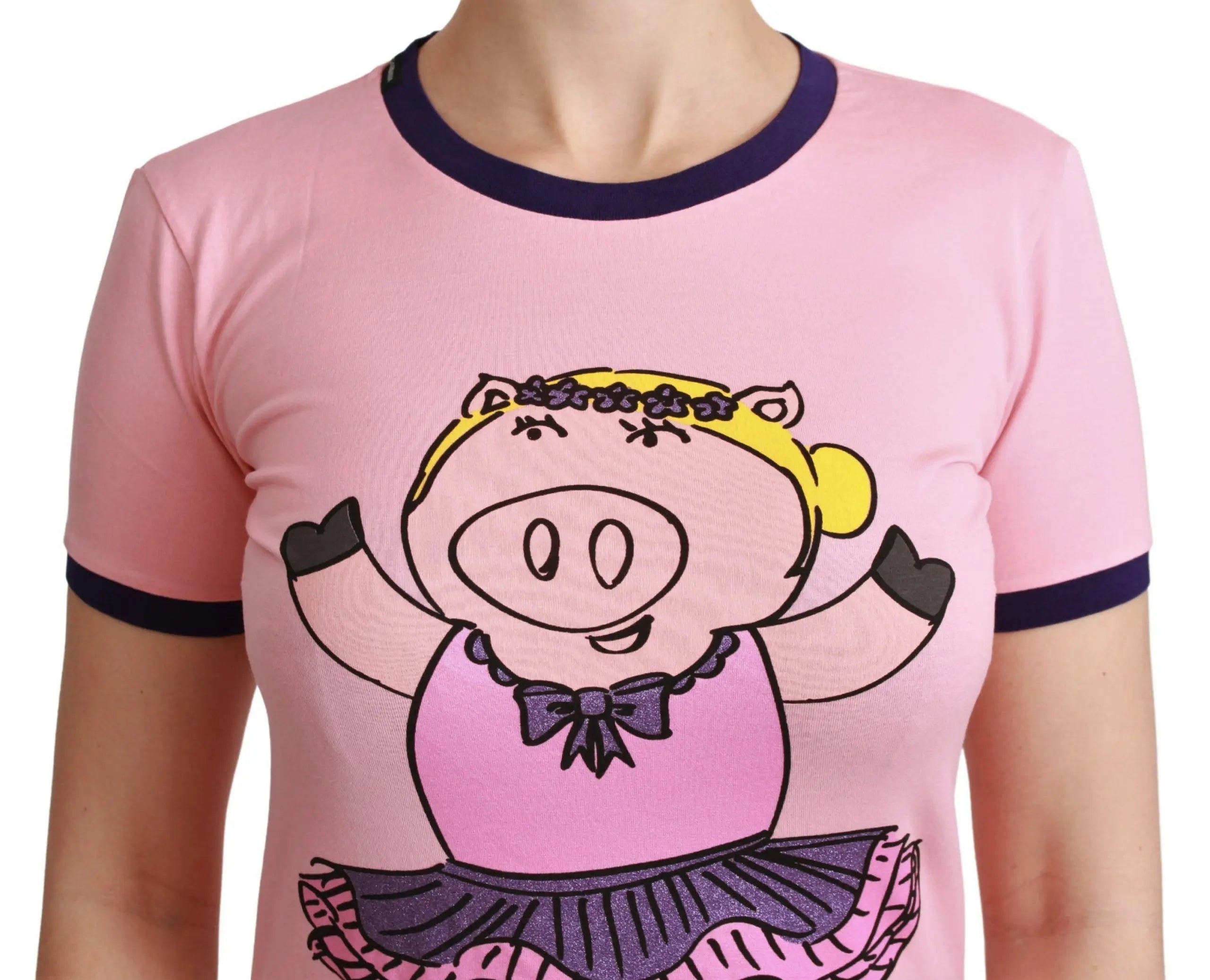 Pink cotton T-shirt with black trim and cartoon ballerina pig graphic on front.