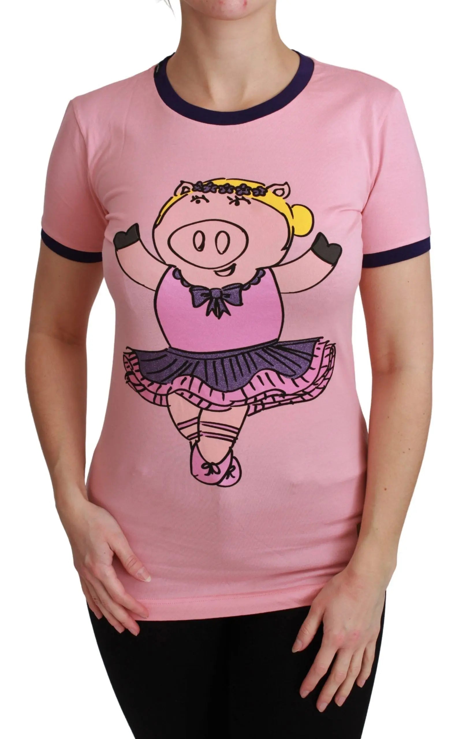 Pink cotton T-shirt with black trim and cartoon ballerina pig graphic on front.
