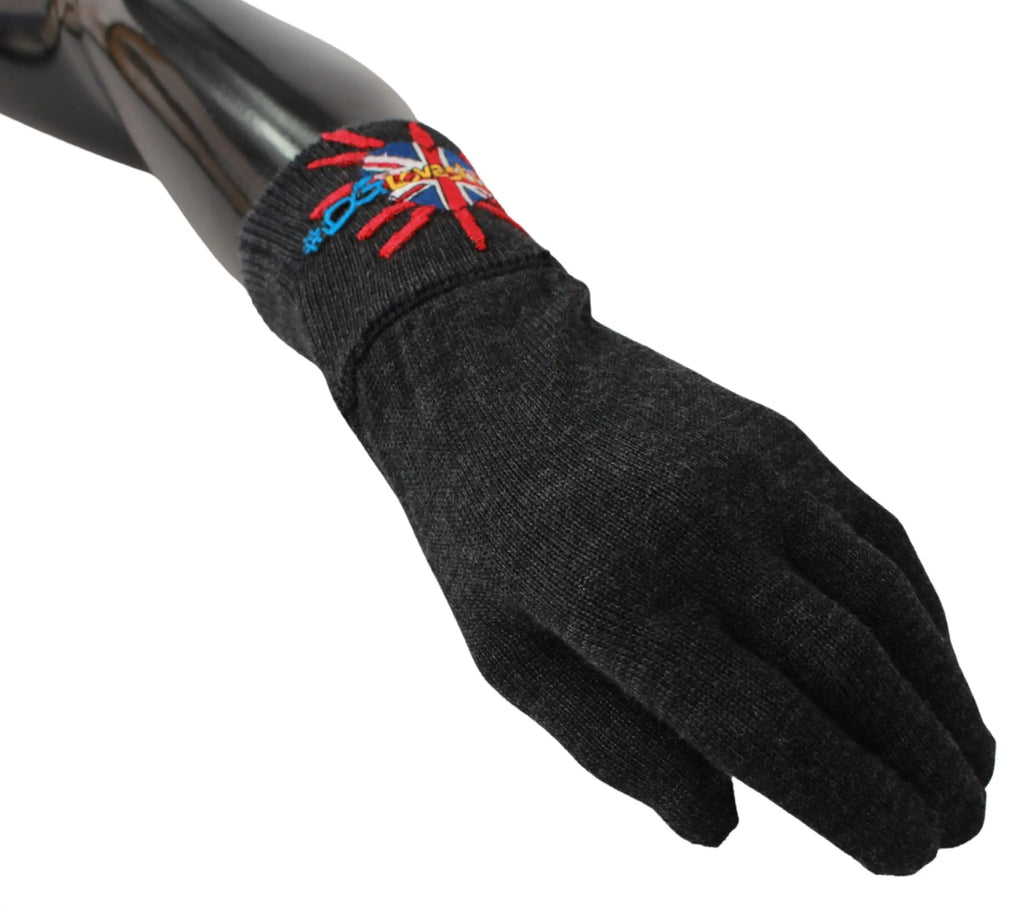 Gray wool glove with colorful embroidered #DGLovesLondon logo on the wrist.