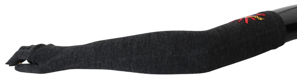 Gray long virgin wool gloves with colorful embroidered floral detail on wrist.