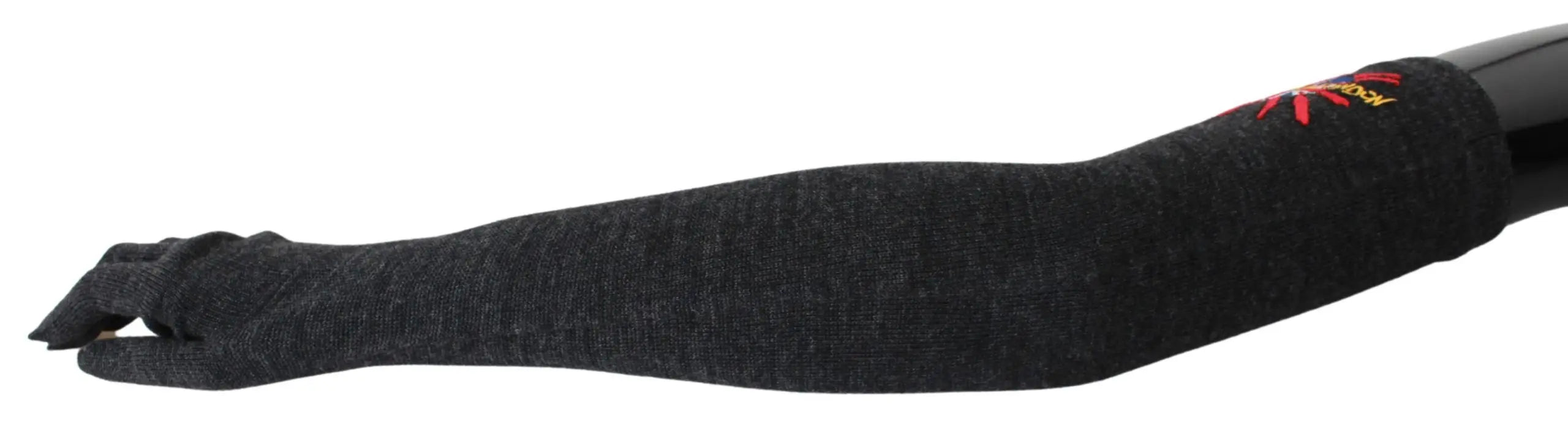 Gray long virgin wool gloves with colorful embroidered floral detail on wrist.