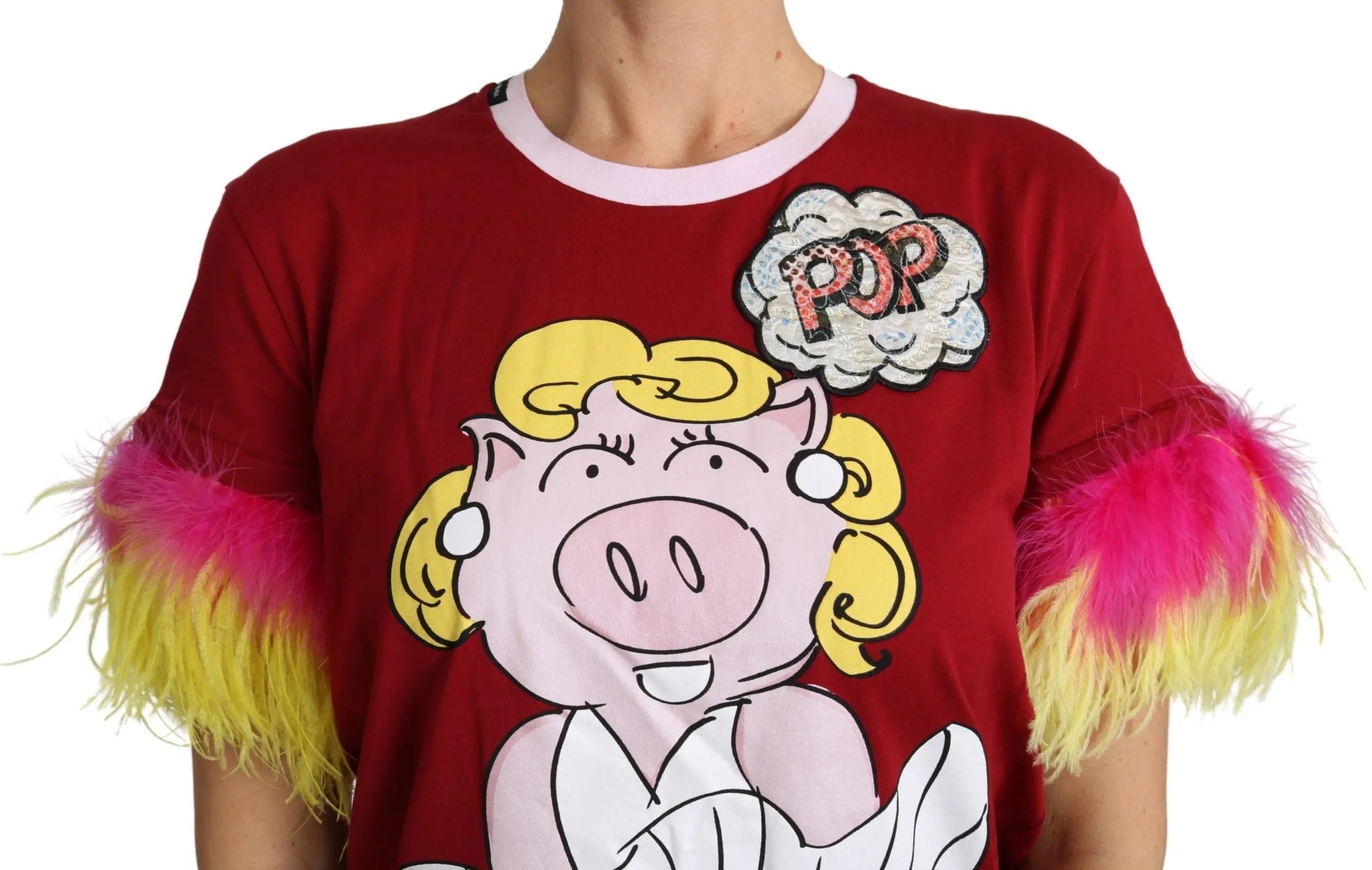 Red cotton T-shirt with cartoon pig print and colorful feathered short sleeves.