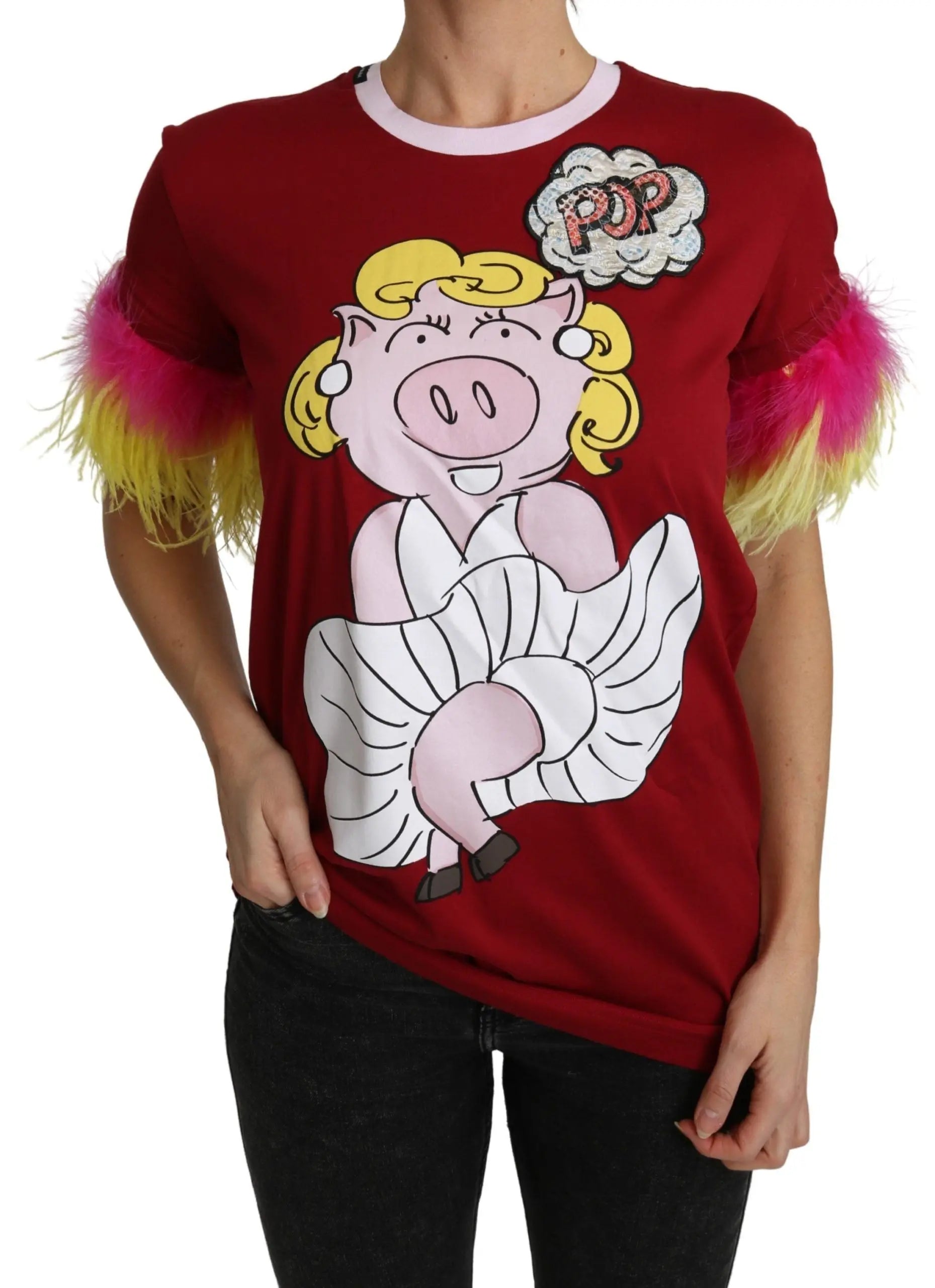 Red cotton T-shirt with cartoon pig print and colorful feathered short sleeves.