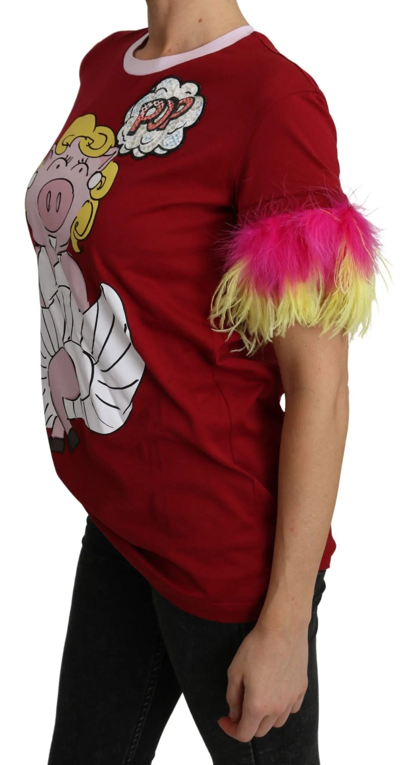 Red cotton T-shirt with cartoon pig print and colorful feathered short sleeves.