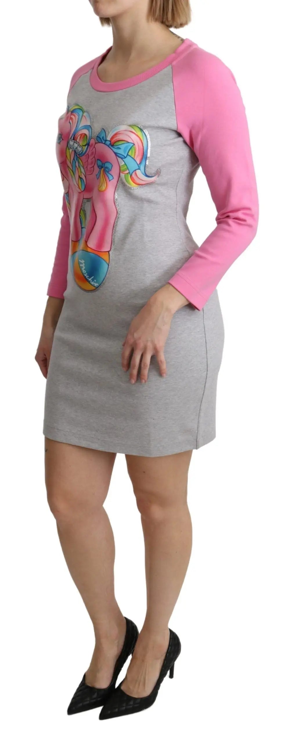 Gray cotton sweater dress with pink raglan sleeves and colorful My Little Pony graphic on front.