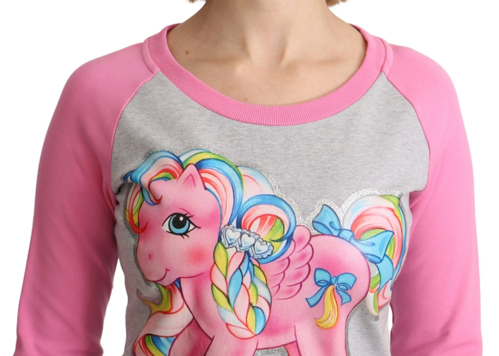 Gray cotton sweater dress with pink raglan sleeves and colorful My Little Pony graphic on front.