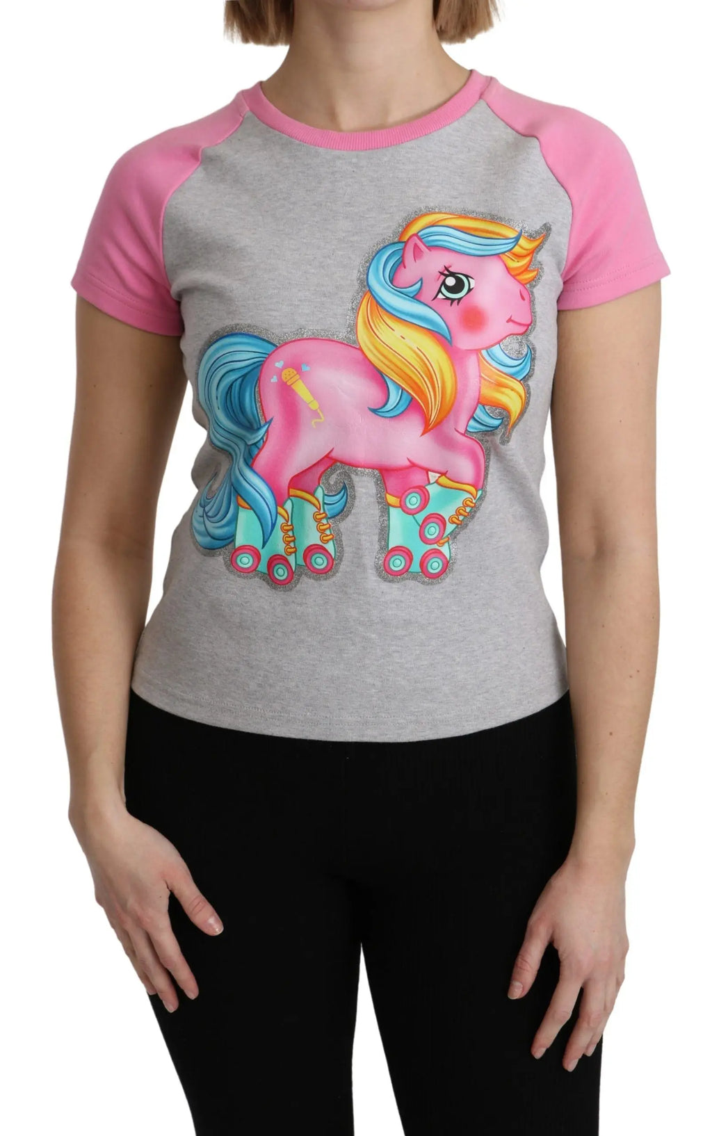 Gray cotton T-shirt with pink raglan sleeves featuring colorful My Little Pony graphic on front.