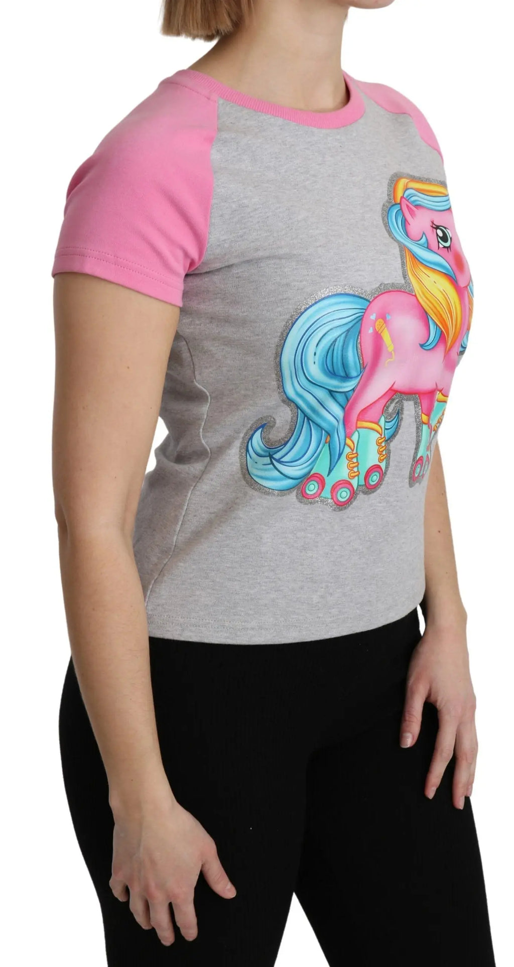 Gray cotton T-shirt with pink raglan sleeves featuring colorful My Little Pony graphic on front.