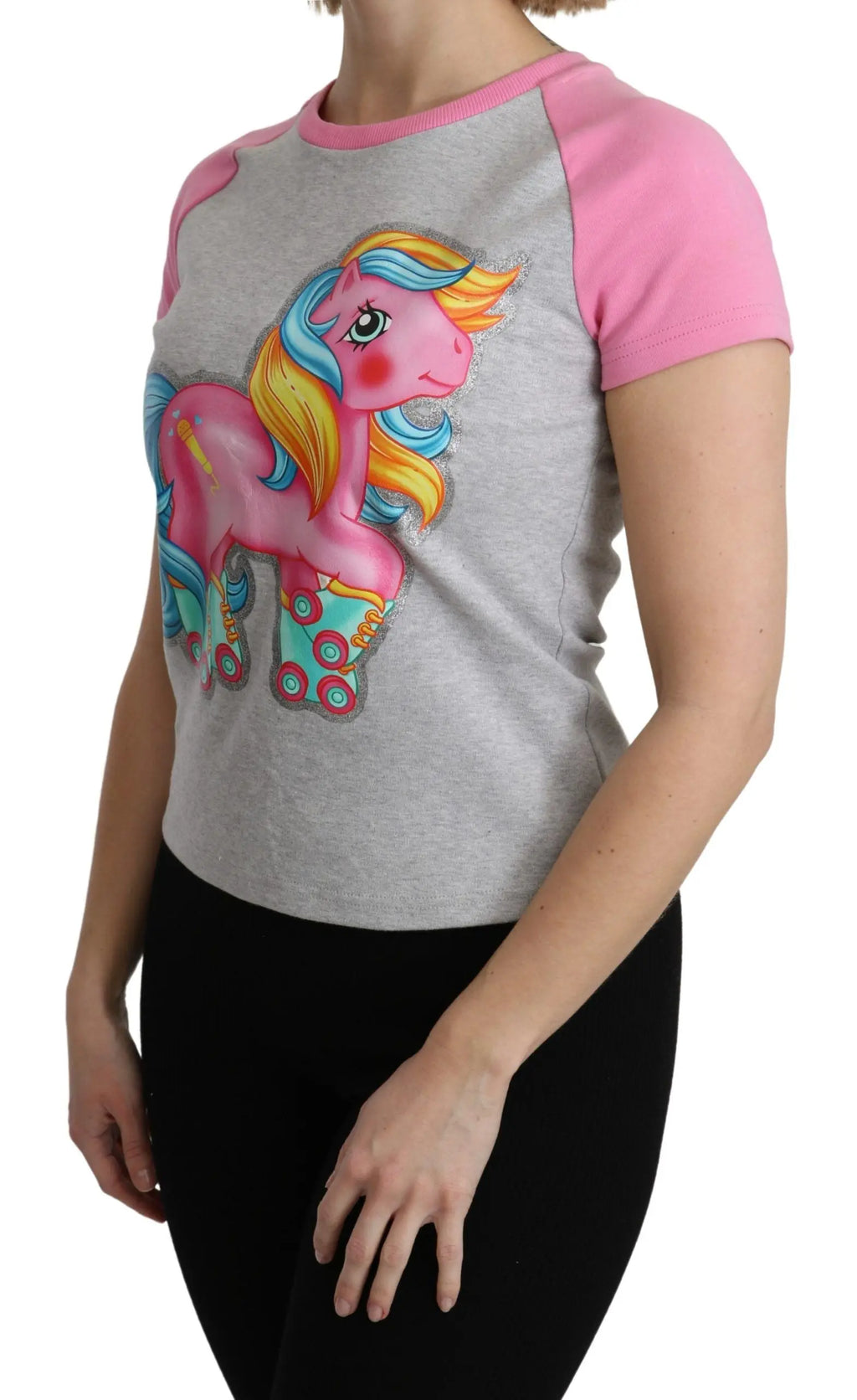 Gray cotton T-shirt with pink raglan sleeves featuring colorful My Little Pony graphic on front.