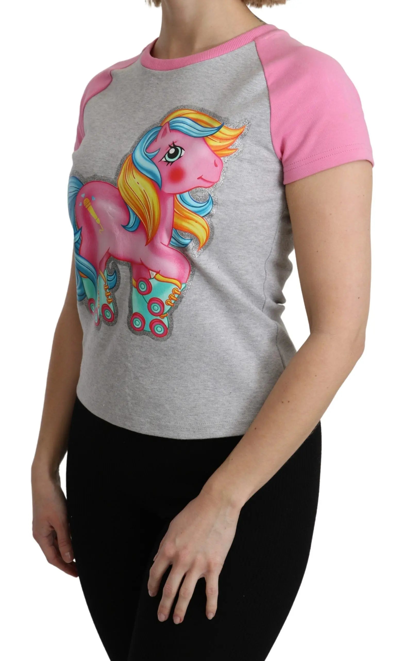 Gray cotton T-shirt with pink raglan sleeves featuring colorful My Little Pony graphic on front.