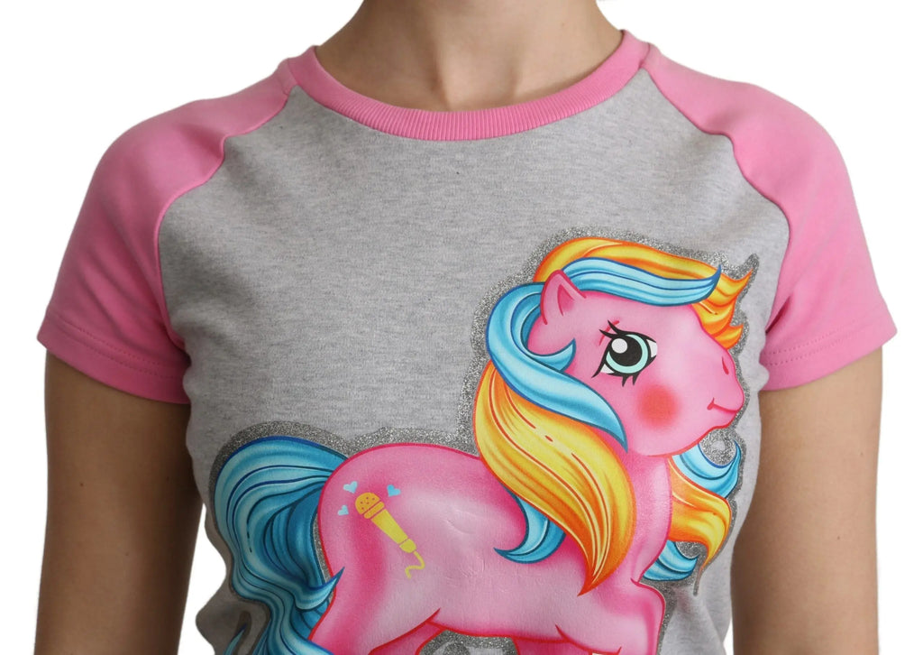 Gray cotton T-shirt with pink raglan sleeves featuring colorful My Little Pony graphic on front.