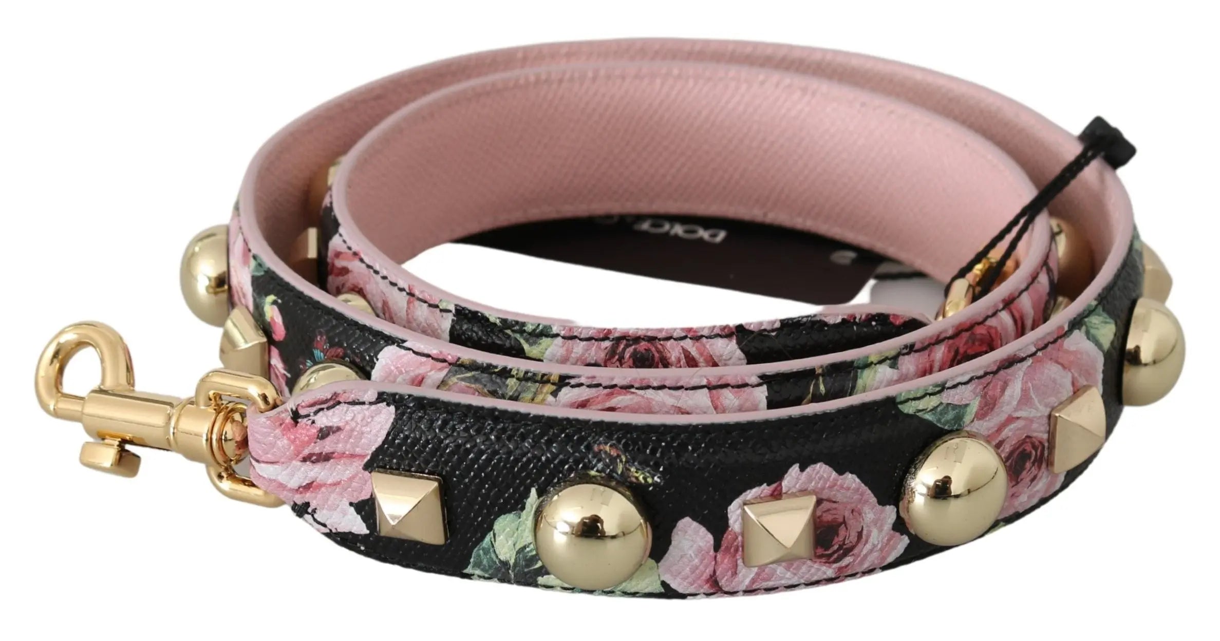 Pink leather shoulder strap with floral print and gold-tone stud details, swivel clasps at ends.