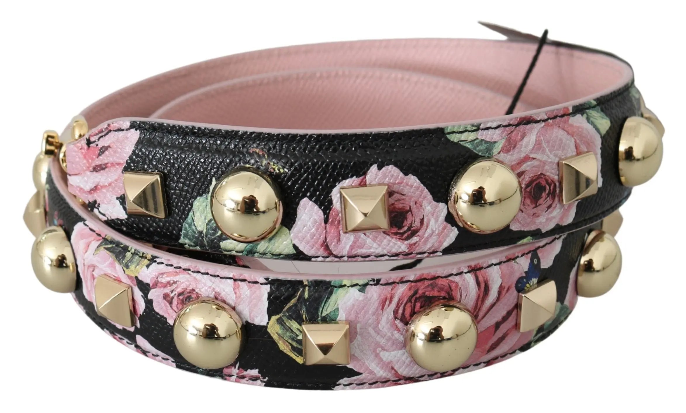 Pink leather shoulder strap with floral print and gold-tone stud details, swivel clasps at ends.