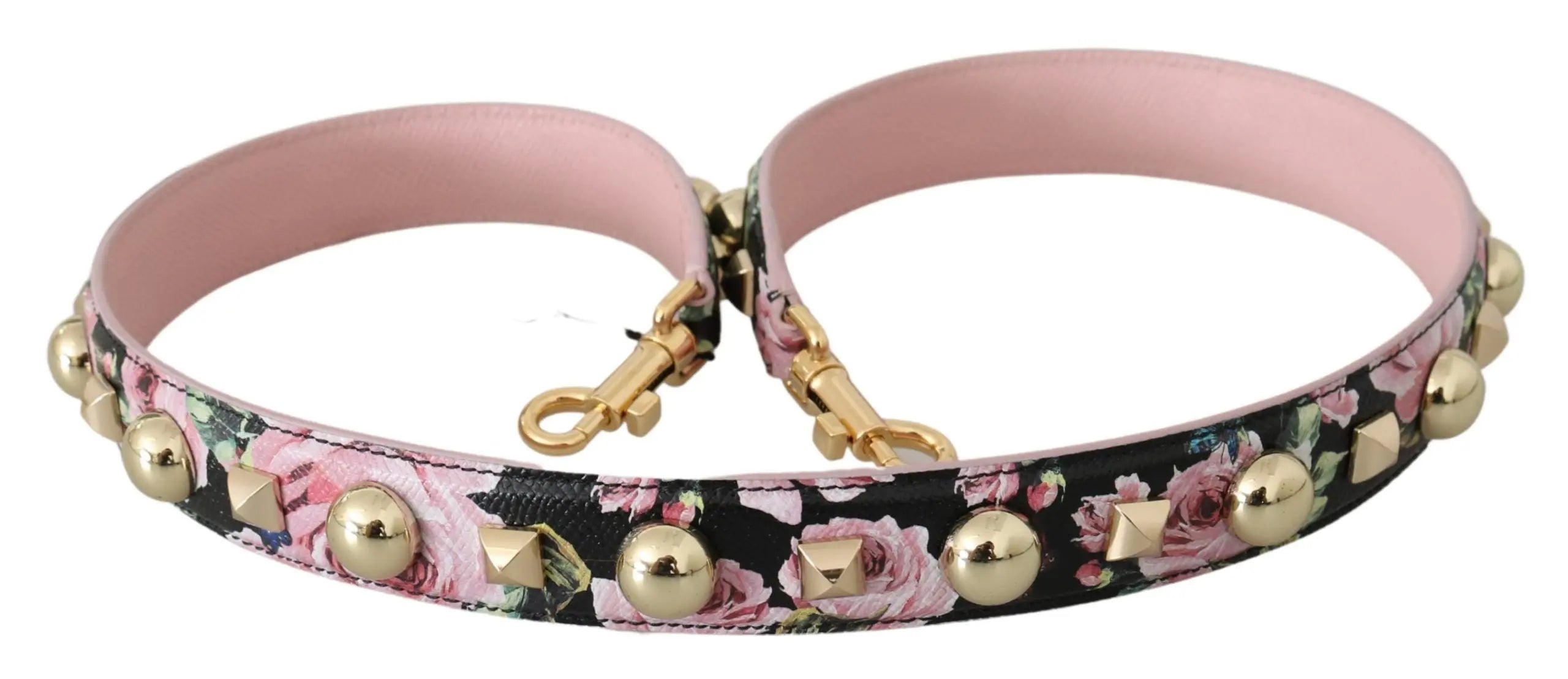 Pink leather shoulder strap with floral print and gold-tone stud details, swivel clasps at ends.