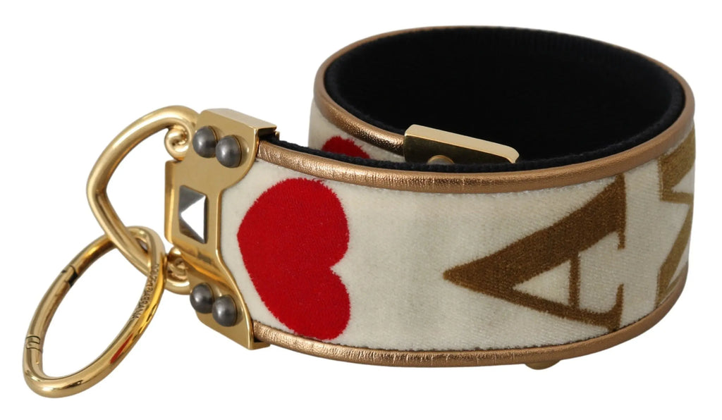 Gold and white textile shoulder strap with red heart and "AMORE" lettering, leather trim, and gold-toned hardware.