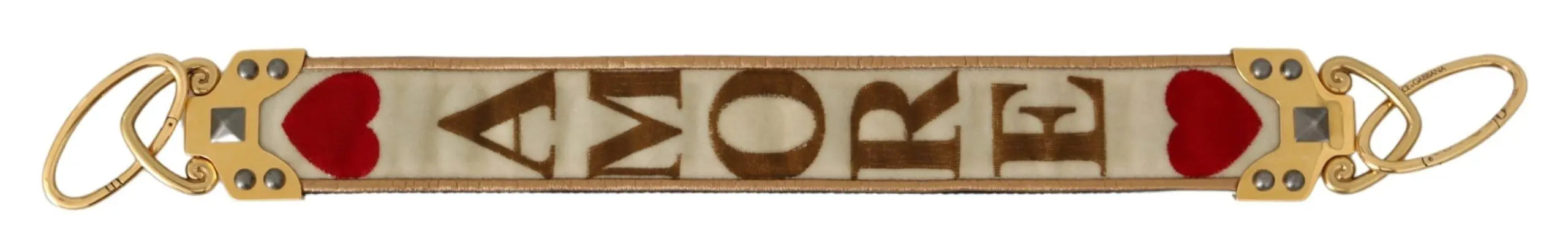 Gold and white textile shoulder strap with red heart and "AMORE" lettering, leather trim, and gold-toned hardware.