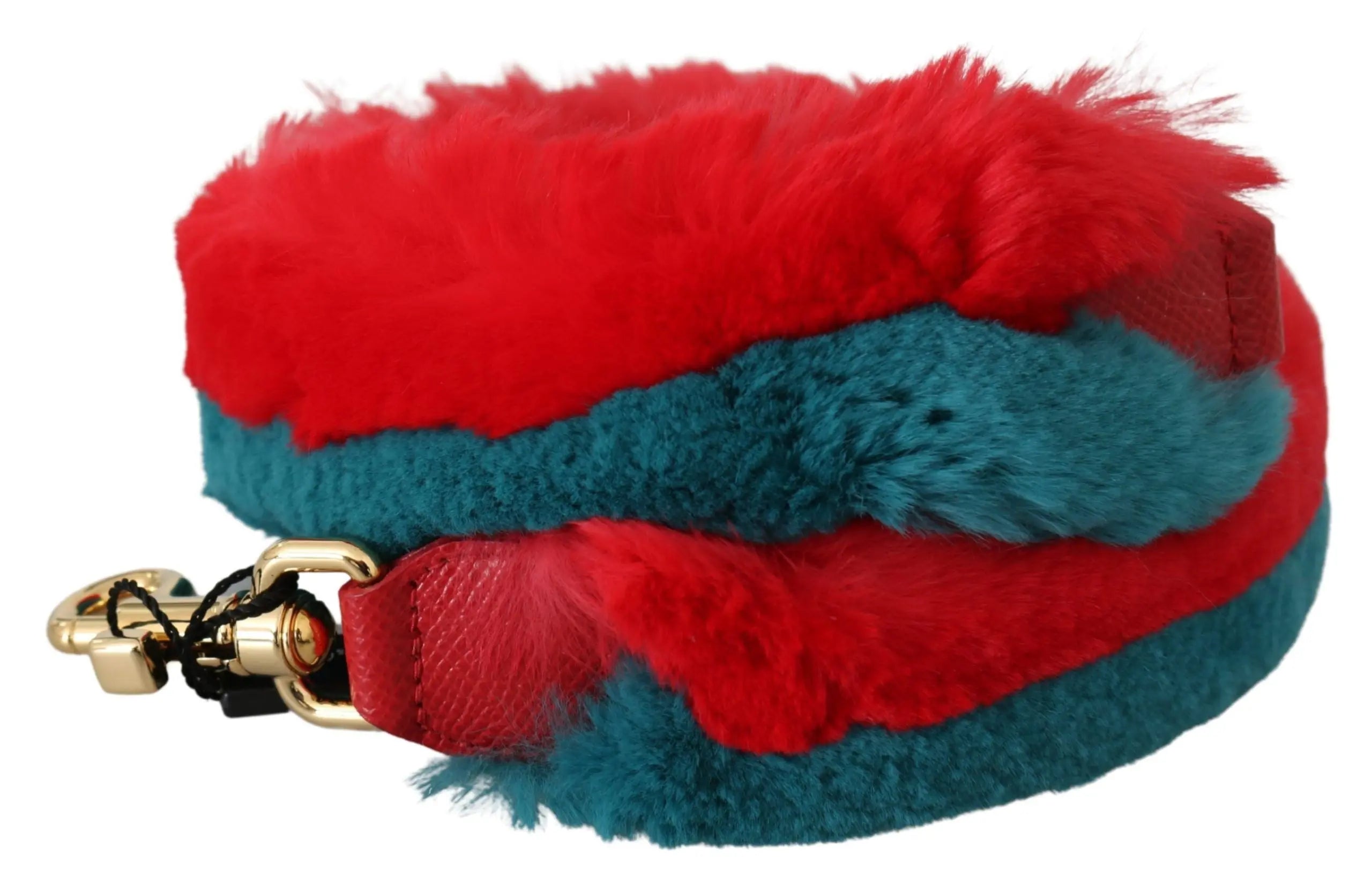 Red and blue lapin rabbit fur leather shoulder strap with gold-tone clasps.
