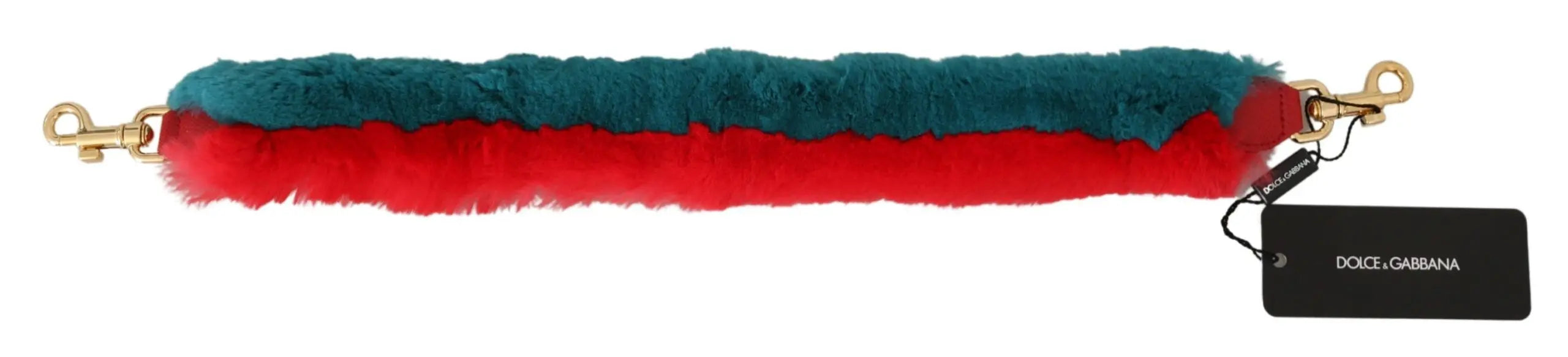 Red and blue lapin rabbit fur leather shoulder strap with gold-tone clasps.
