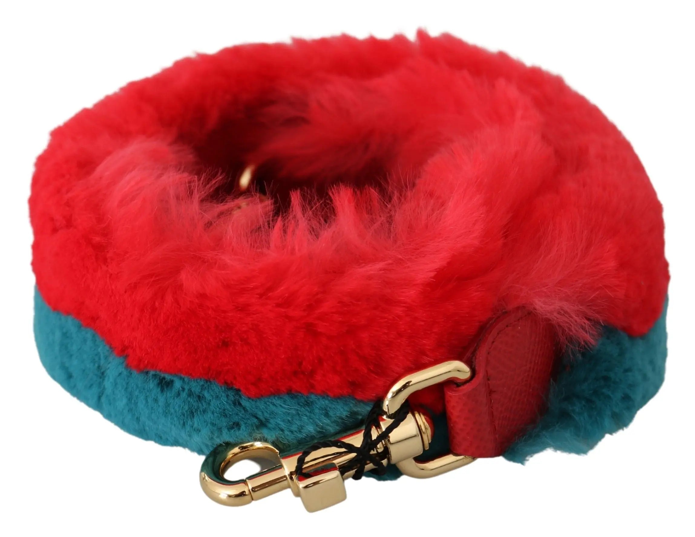 Red and blue lapin rabbit fur leather shoulder strap with gold-tone clasps.