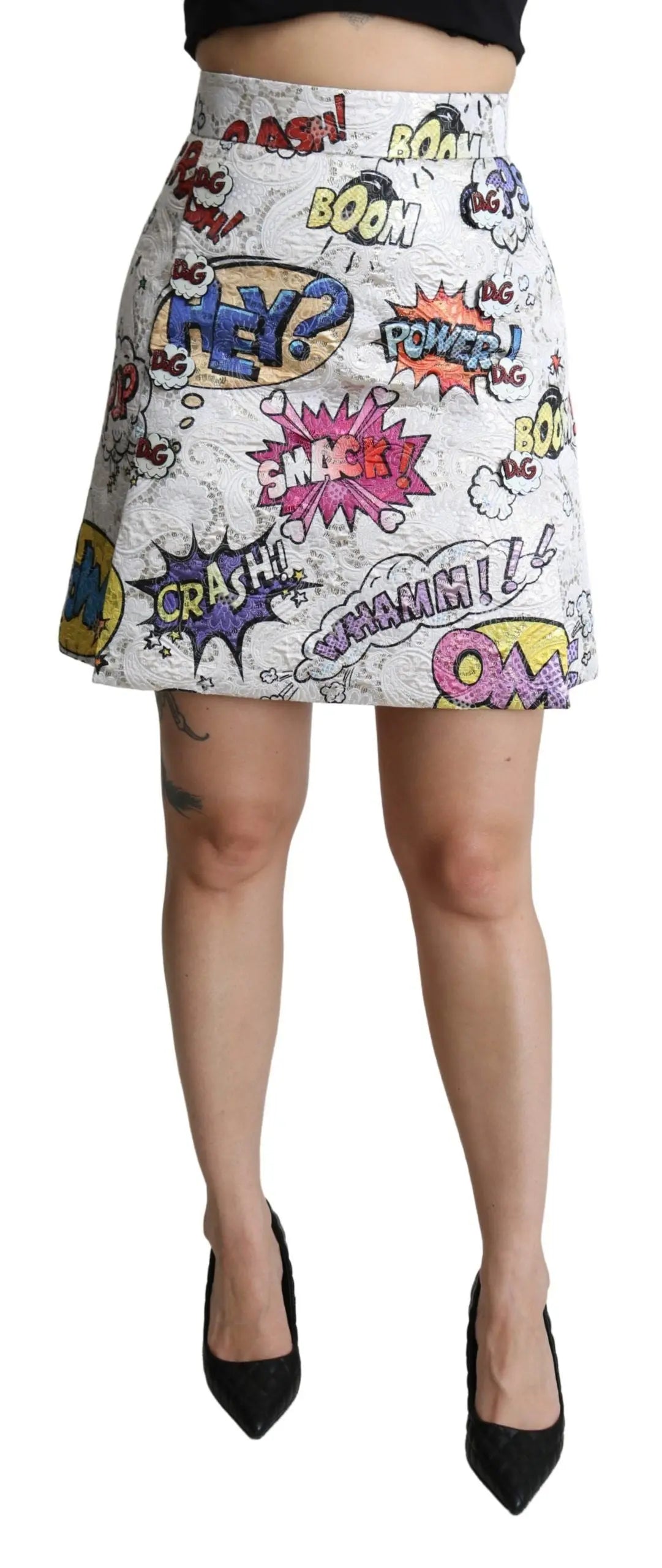 White high-waist A-line mini skirt with colorful cartoon brocade print and textured fabric.