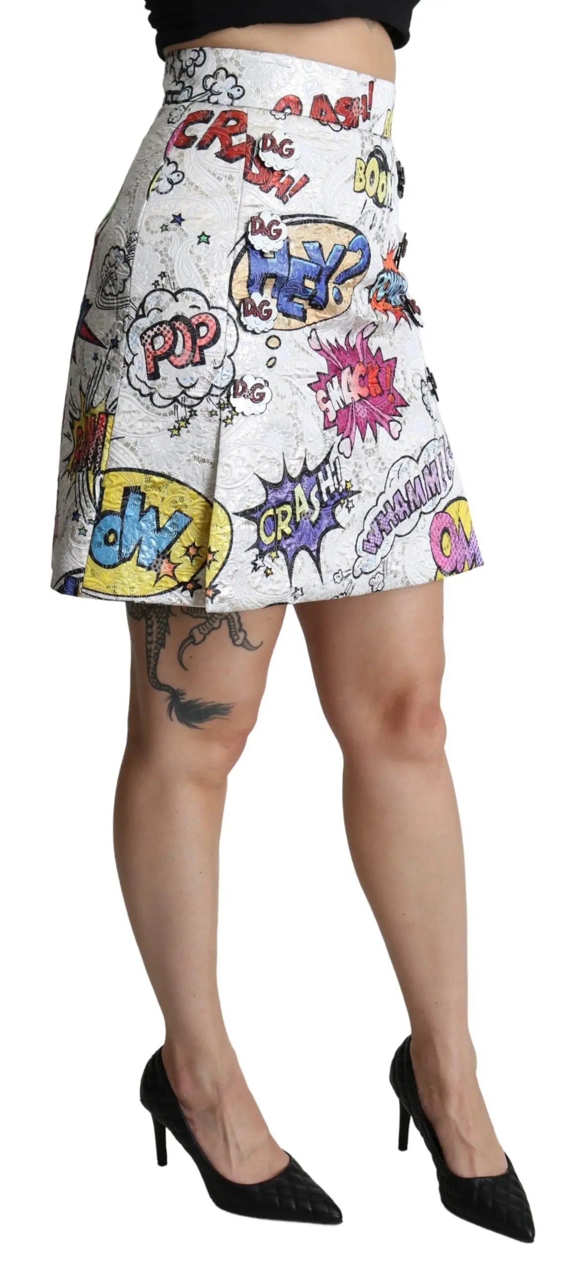 White high-waist A-line mini skirt with colorful cartoon brocade print and textured fabric.