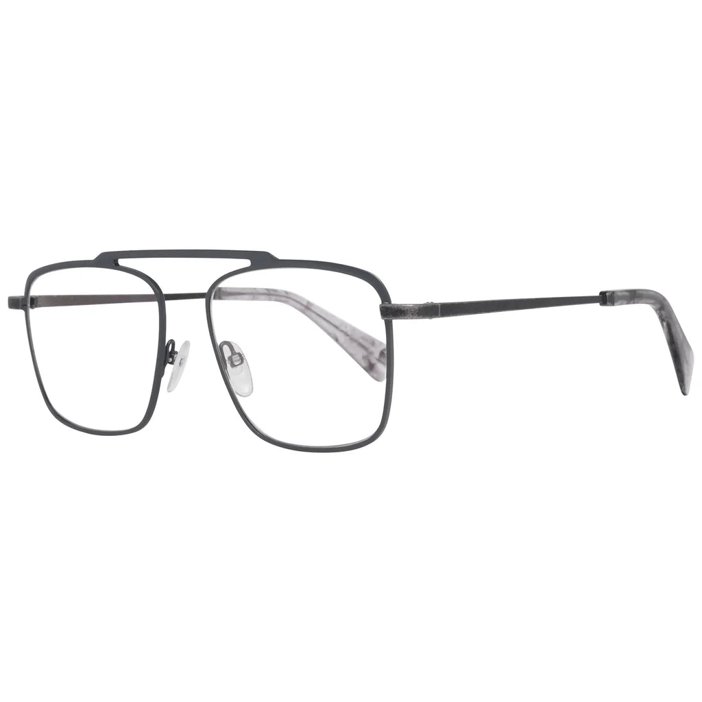 Gray titanium rectangular glasses frames with slim temples and adjustable nose pads.