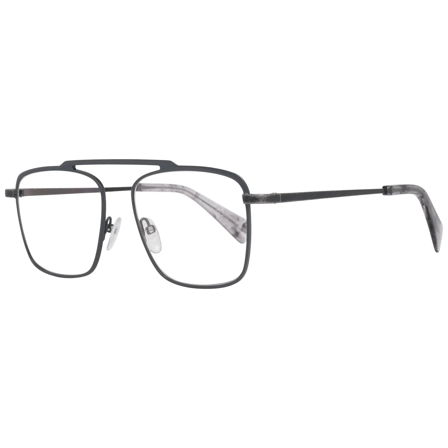 Gray titanium rectangular glasses frames with slim temples and adjustable nose pads.