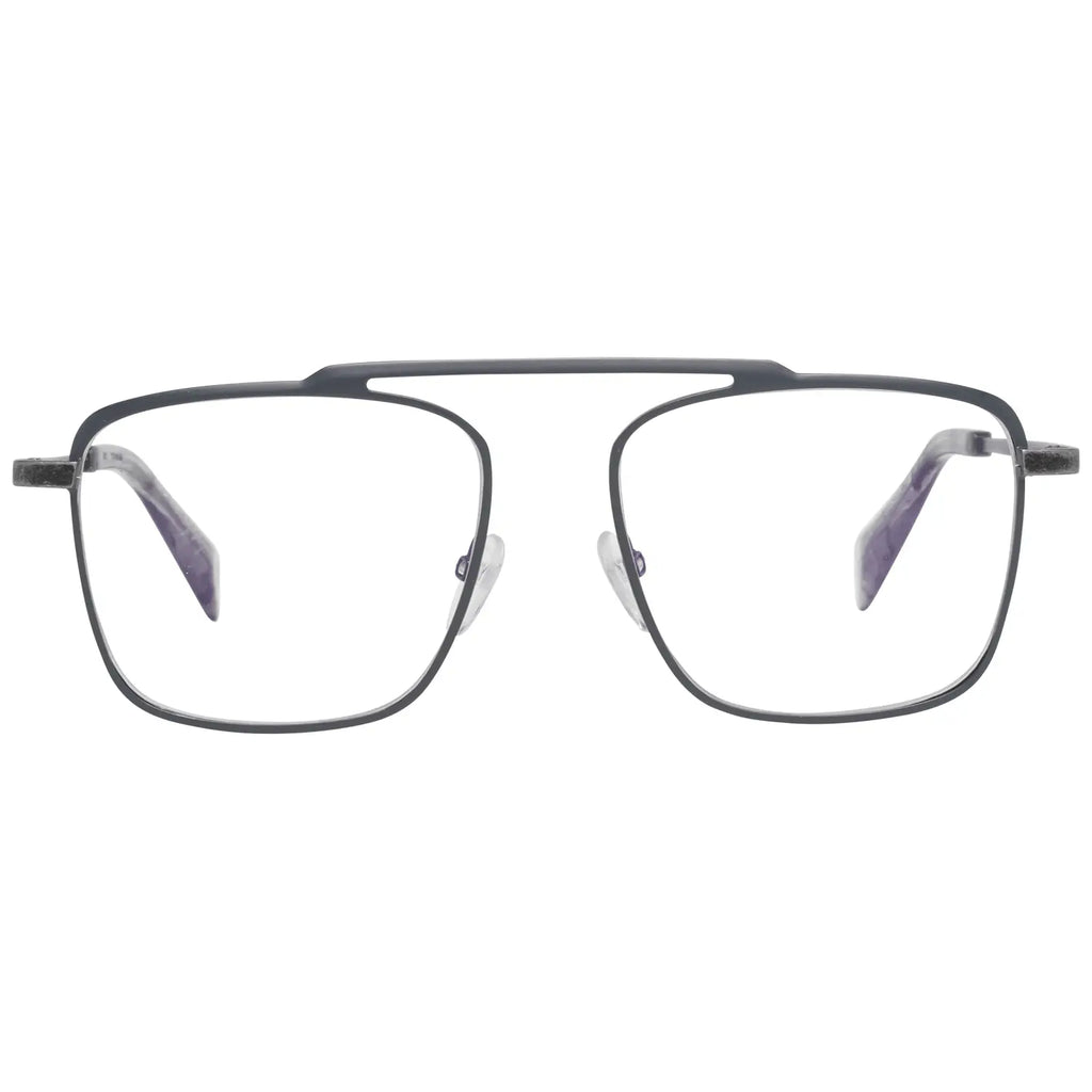 Gray titanium rectangular glasses frames with slim temples and adjustable nose pads.