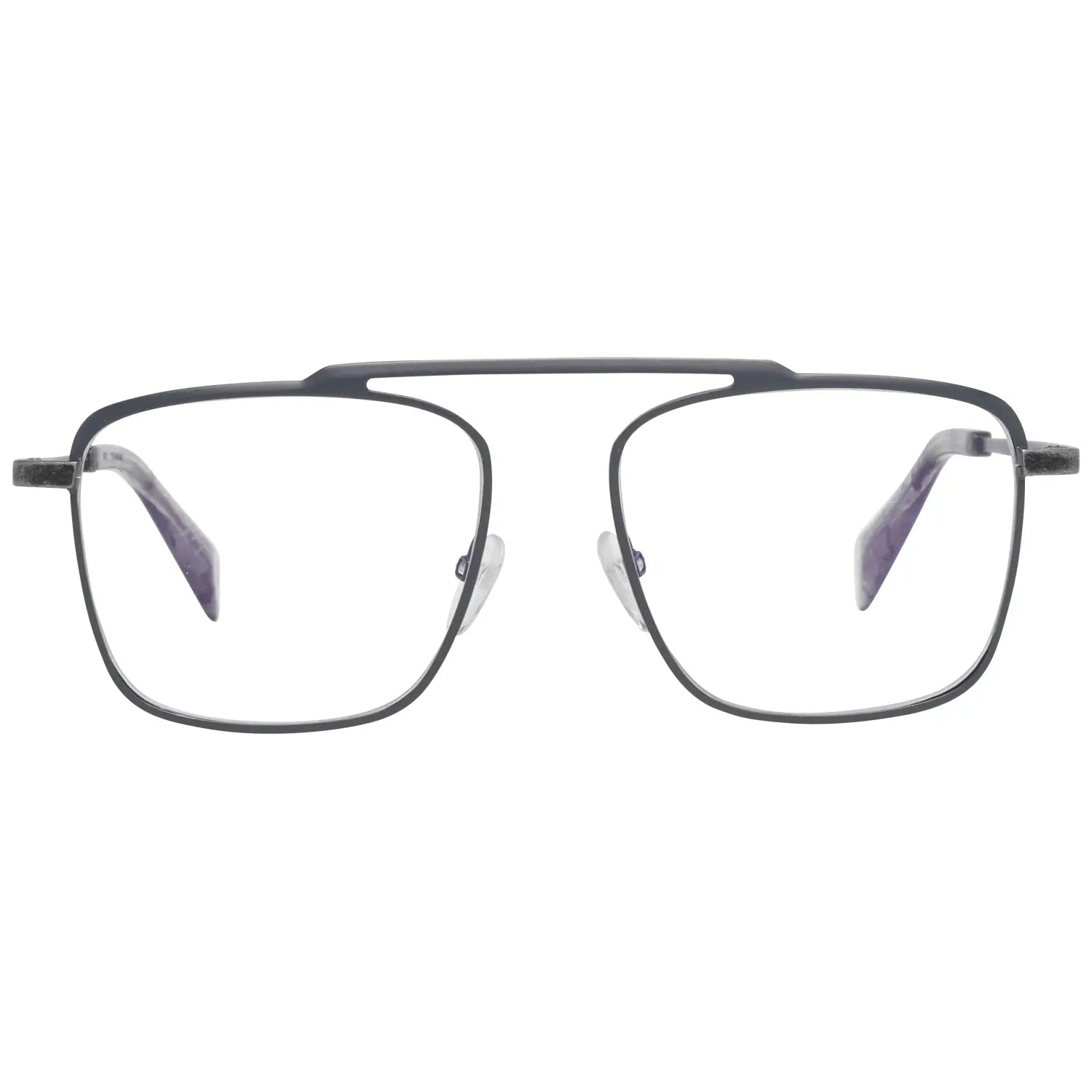 Gray titanium rectangular glasses frames with slim temples and adjustable nose pads.
