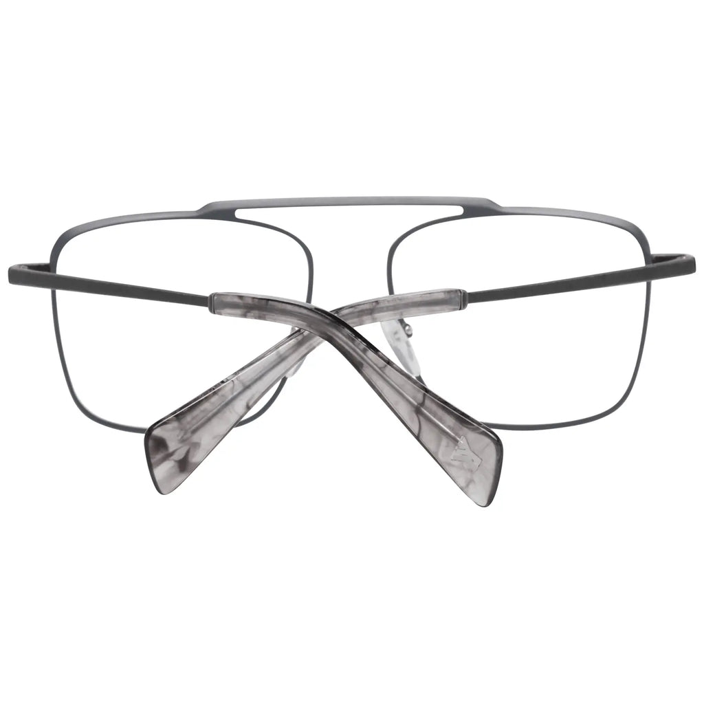 Gray titanium rectangular glasses frames with slim temples and adjustable nose pads.