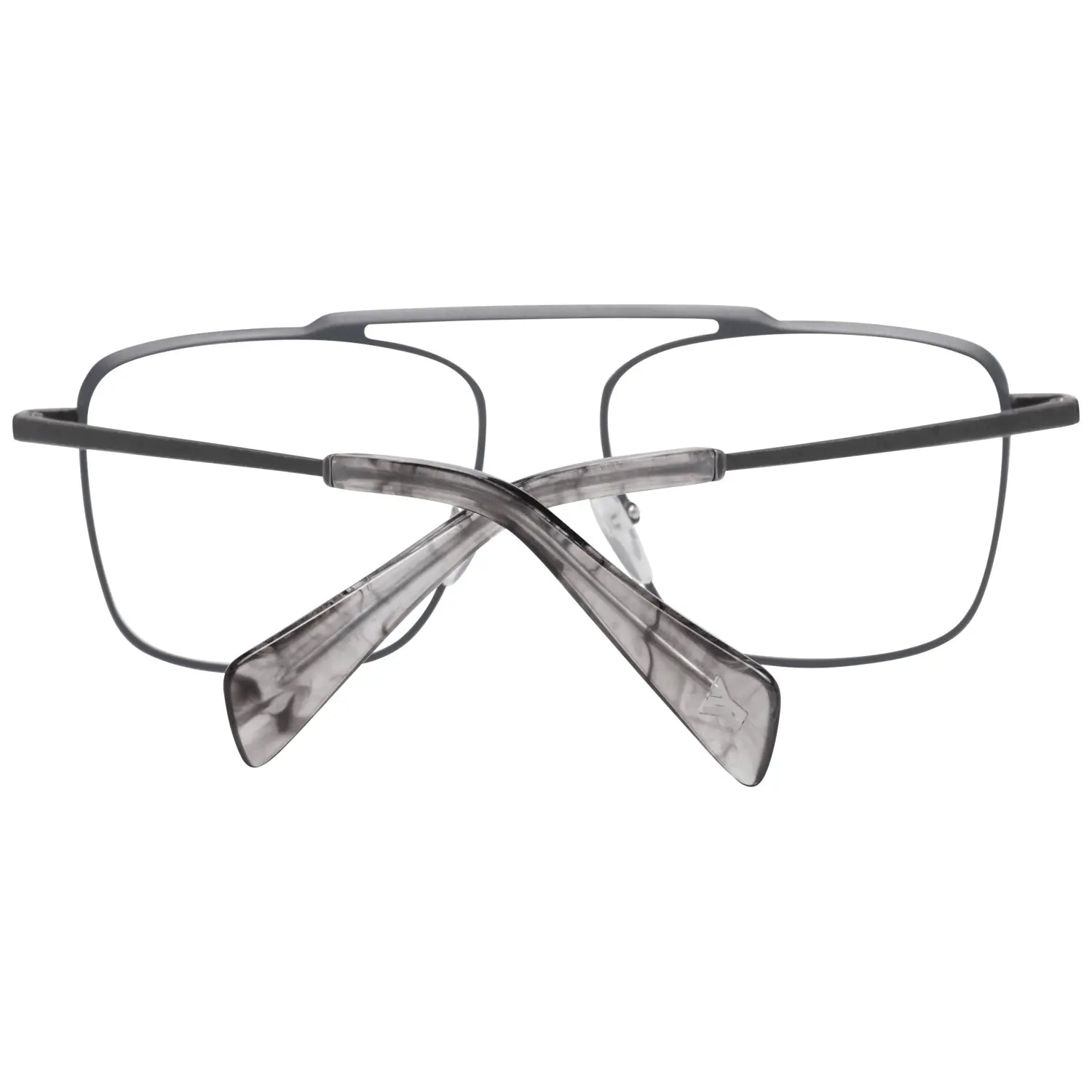 Gray titanium rectangular glasses frames with slim temples and adjustable nose pads.