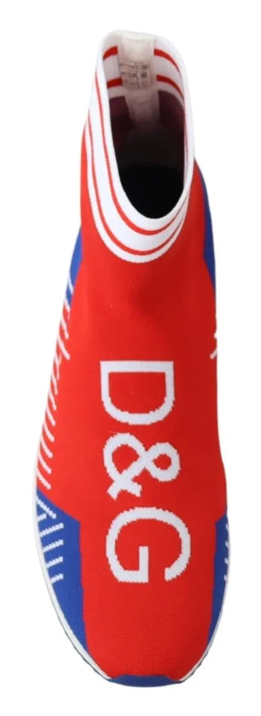 Red and blue sock-style sneakers with white D&G logo and white striped cuff.
