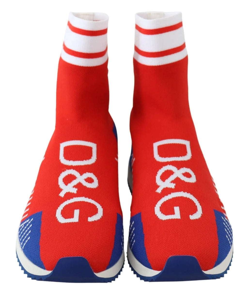 Red and blue sock-style sneakers with white D&G logo and white striped cuff.