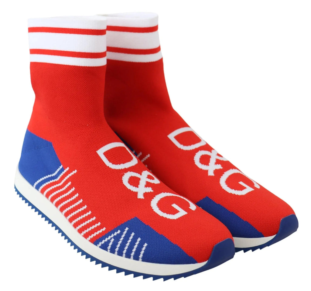 Red and blue sock-style sneakers with white D&G logo and white striped cuff.