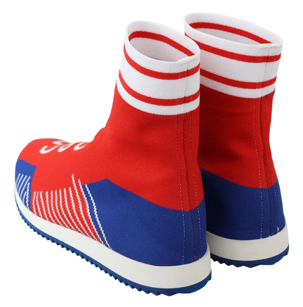 Red and blue sock-style sneakers with white D&G logo and white striped cuff.