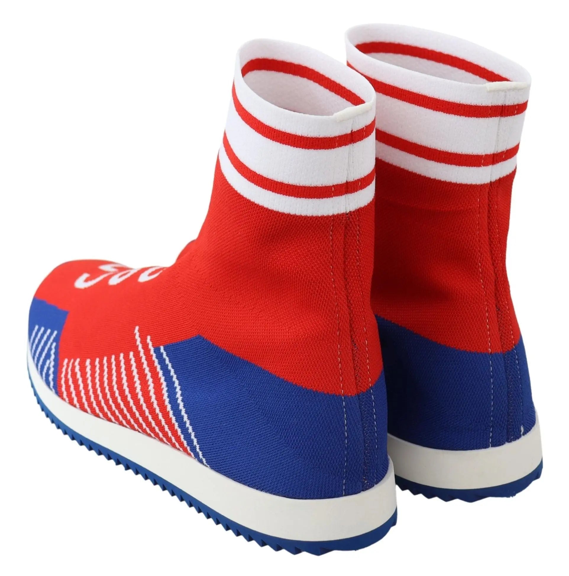 Red and blue sock-style sneakers with white D&G logo and white striped cuff.
