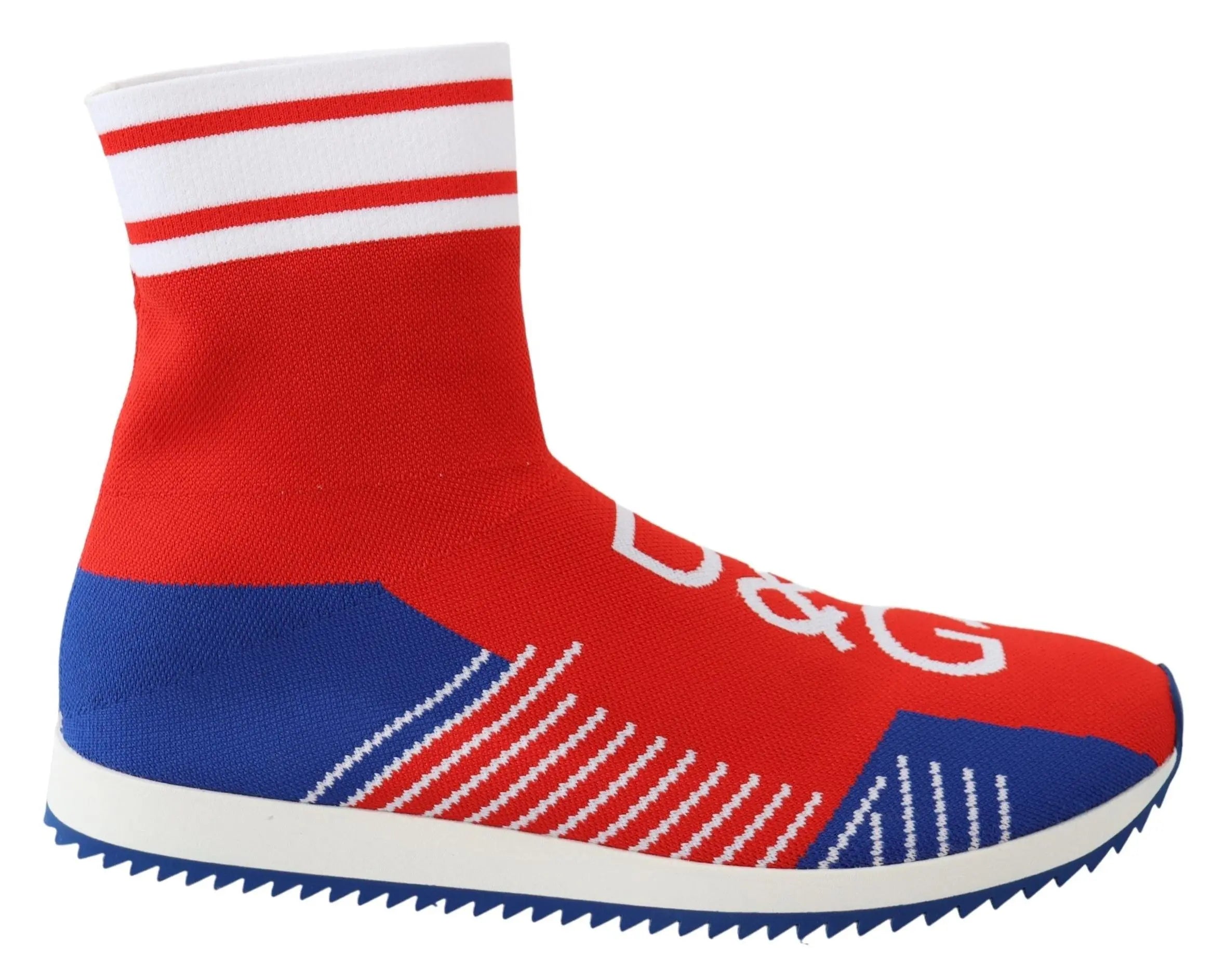 Red and blue sock-style sneakers with white D&G logo and white striped cuff.