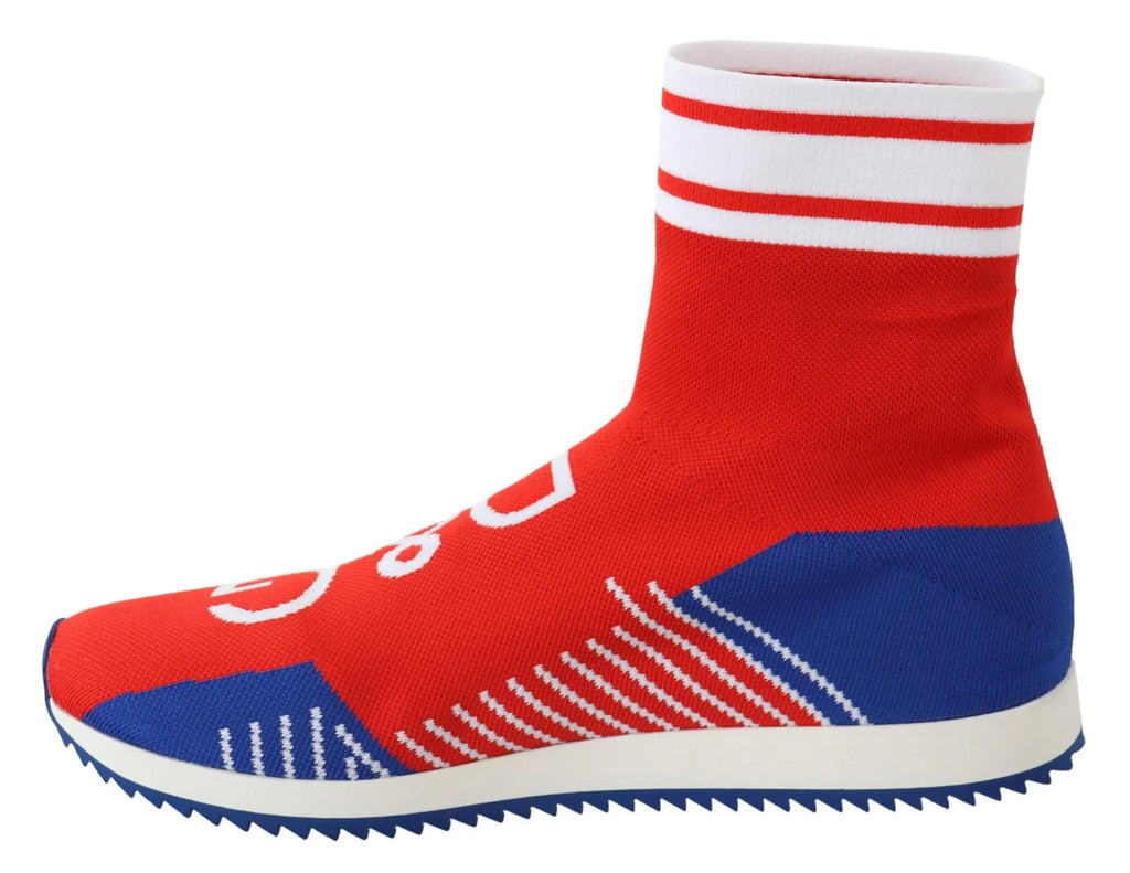Red and blue sock-style sneakers with white D&G logo and white striped cuff.
