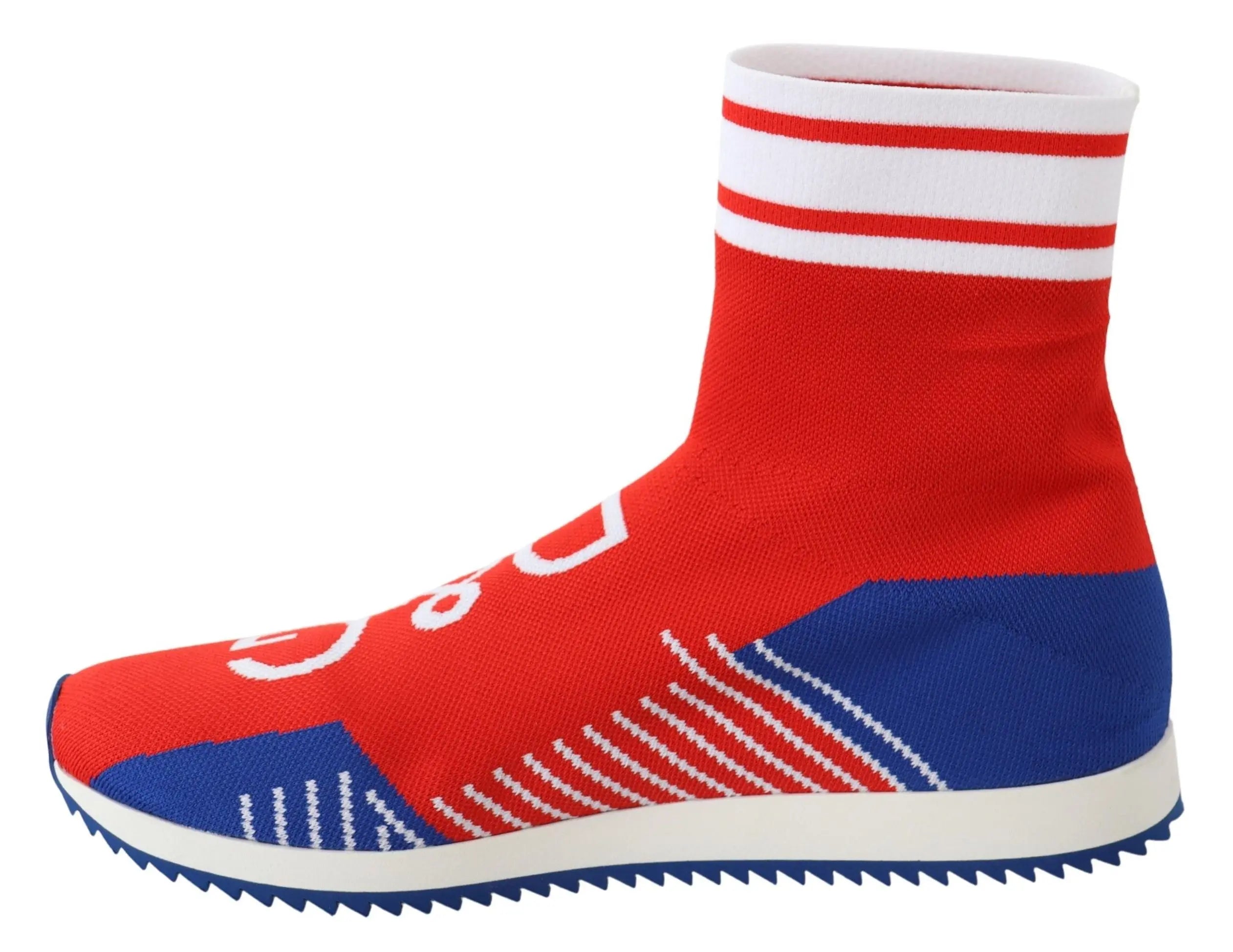 Red and blue sock-style sneakers with white D&G logo and white striped cuff.