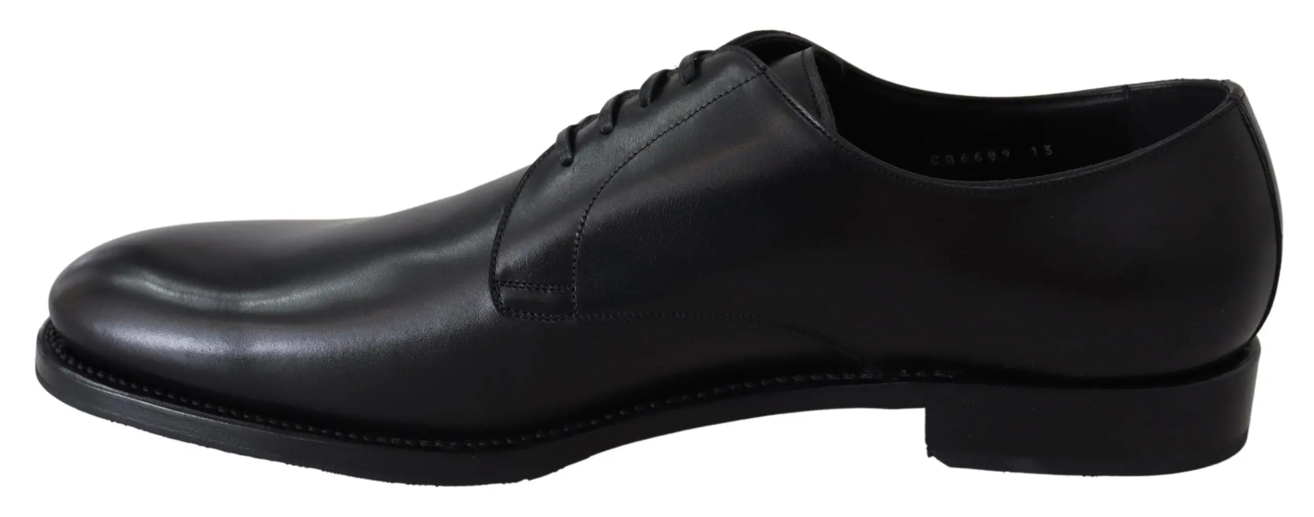 Black leather men's oxford shoe with sleek rounded toe and thin black sole.