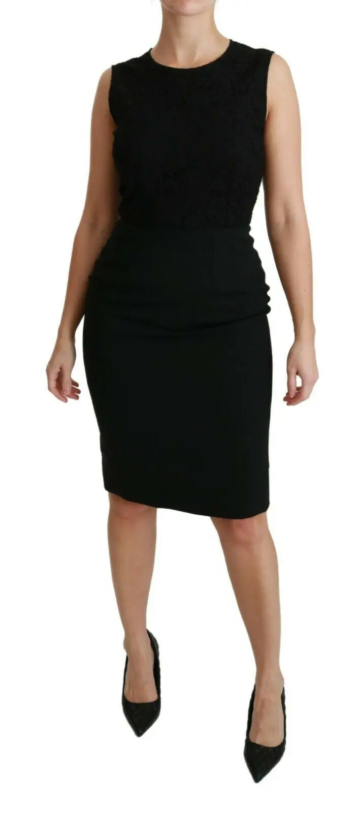 Black sleeveless sheath gown dress with floral lace texture and midi length.