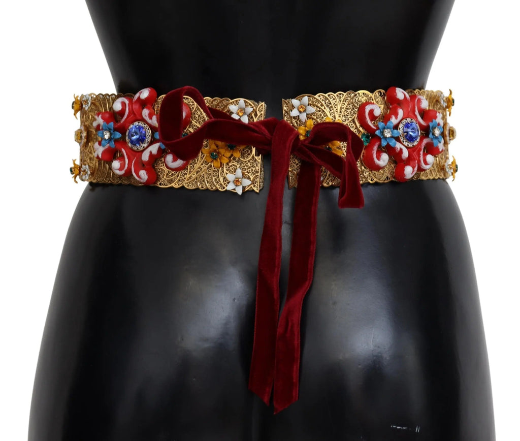 Gold wide waist belt with floral crystal embellishments, colorful pom-poms, and intricate braided detailing.